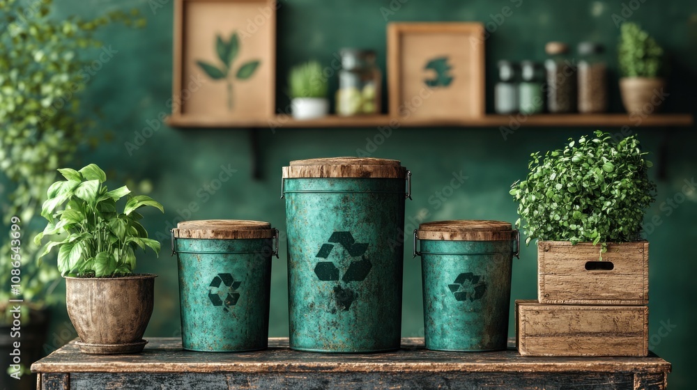 Eco-friendly storage containers with recycling symbols and plants. Eco-friendly storage containers with recycling symbols and plants.