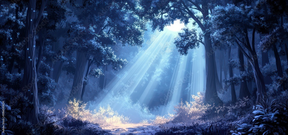 Realistic illustration of dense forest lighting with calm night moonlight Realistic illustration of dense forest lighting with calm night moonlight