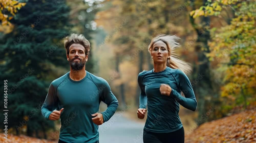 A couple jogs through a picturesque forest adorned in autumn colors. Their energy and joy reflect the beauty of the season as they connect with nature during their exercise routine. A couple jogs through a picturesque forest adorned in autumn colors. Their energy and joy reflect the beauty of the season as they connect with nature during their exercise routine.