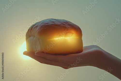 A hand gently holding a freshly baked loaf of bread with a warm, inviting glow. Soft light. Simple white background for National Gluten-Free Day. photo