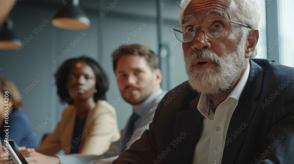 A senior manager sitting at a boardroom table with multiracial colleagues, discussing a project in a professional meeting.
A senior manager sitting at a boardroom table with multiracial colleagues, discussing a project in a professional meeting.