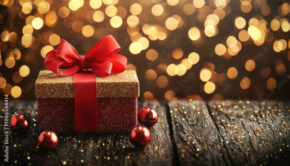 A festive gift box with a bright red bow and glittering baubles on rustic wood, set against a backdrop of dark golden bokeh lights A festive gift box with a bright red bow and glittering baubles on rustic wood, set against a backdrop of dark golden bokeh lights