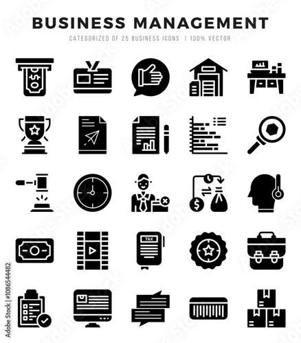 Business Management Glyph icons collection. Glyph icons pack. Vector illustration