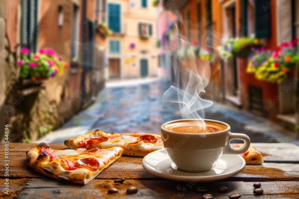 Fototapeta premium A steaming cup of coffee beside a slice of pizza, set in a picturesque street scene.