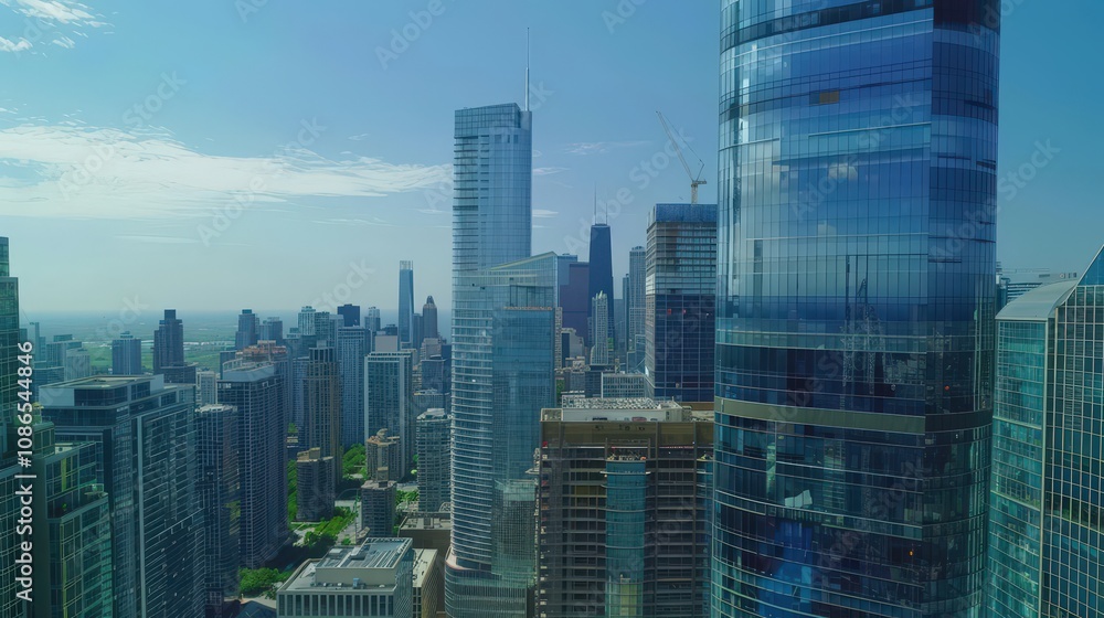 Obraz premium Modern City Skyline with Tall Buildings and Clear Sky