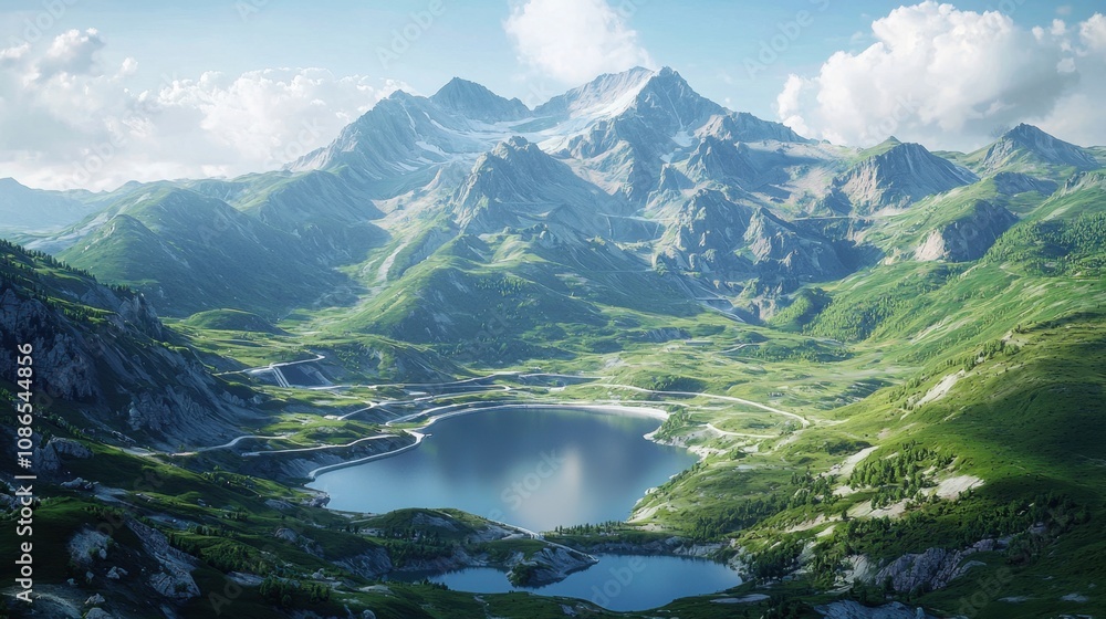 Mountain landscape view with scenic lake and forest Mountain landscape view with scenic lake and forest