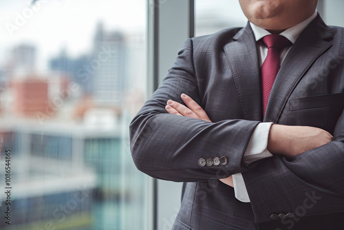 Confident plus-size executive standing with arms crossed near a window photo