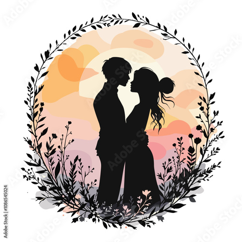 Romantic couple silhouette in floral frame on soft pastel background for t-shirt design.