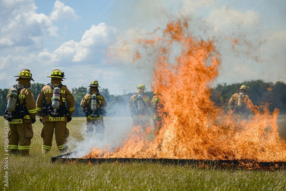 Fototapeta premium A firefighter team conducting training exercises with a controlled fire, displaying teamwork, practice, and preparedness