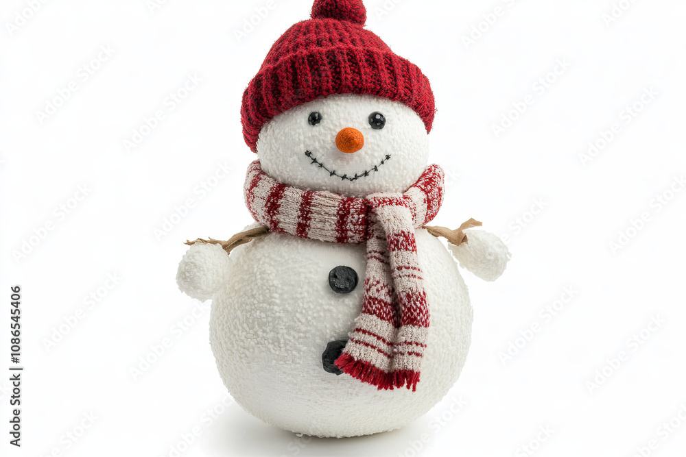 Snowman with red hat and scarf on white background Snowman with red hat and scarf on white background