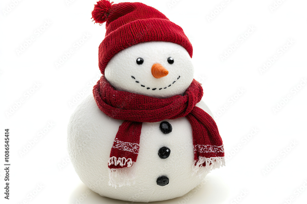 Snowman with red hat and scarf on white background Snowman with red hat and scarf on white background