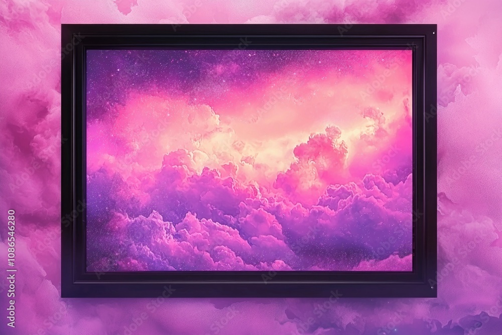 A pink and purple sky with clouds and stars, with an empty black frame. A fantasy scene with a vibrant pink and purple background A pink and purple sky with clouds and stars, with an empty black frame. A fantasy scene with a vibrant pink and purple background