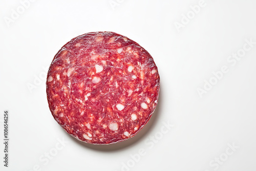 Round salami slice on white background photo