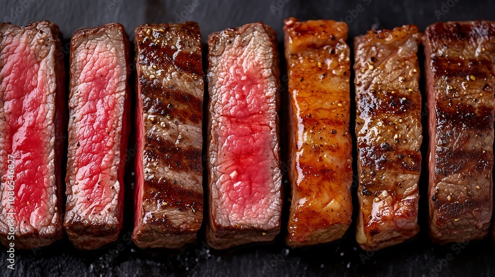 A close-up shot of cooked steak slices arranged in a row, each showcasing different doneness levels from rare to well-done. A close-up shot of cooked steak slices arranged in a row, each showcasing different doneness levels from rare to well-done.