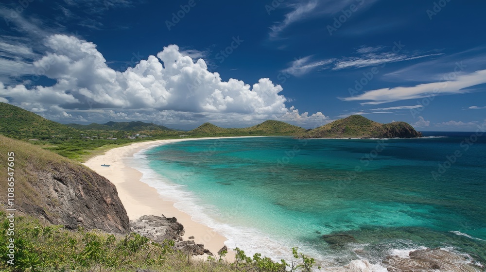 Tropical Island Paradise Secluded Beach, Turquoise Waters, Lush Hills Tropical Island Paradise Secluded Beach, Turquoise Waters, Lush Hills