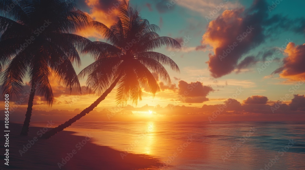 Obraz premium Tropical Sunset Beach Scene Palm Trees, Ocean, Golden Sky