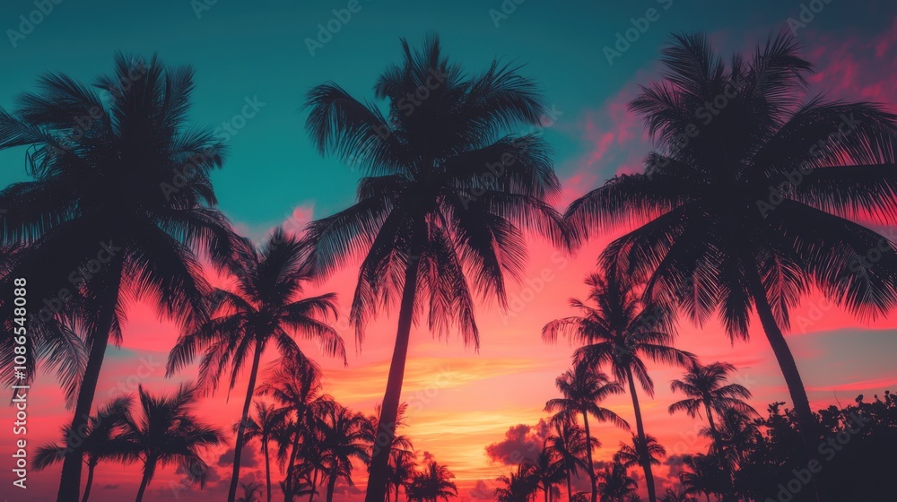 Silhouetted Palm Trees at Vibrant Tropical Sunset Beach Silhouetted Palm Trees at Vibrant Tropical Sunset Beach