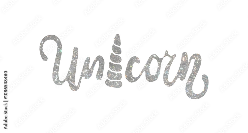 Unicorn. Vector text with silver stars and handwritten curved font