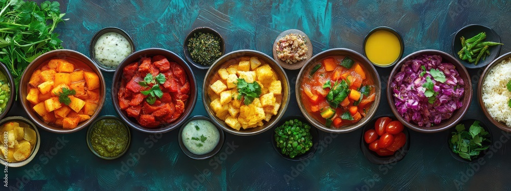 Fototapeta premium Food items, Different cuisines images, Nature's Bounty, Fresh Fruits and Vegetables in a Row