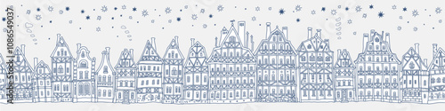 Seamless border pattern. Fairy tale half-timbered houses, medieval European town street panorama. Coloring book page
