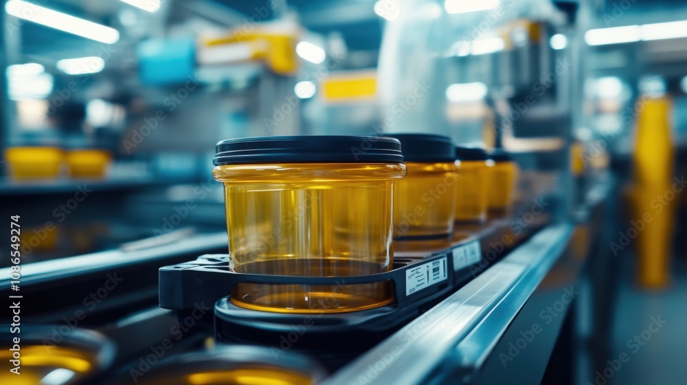 Obraz premium Automated Factory Amber Jars Conveyor Belt Production Line
