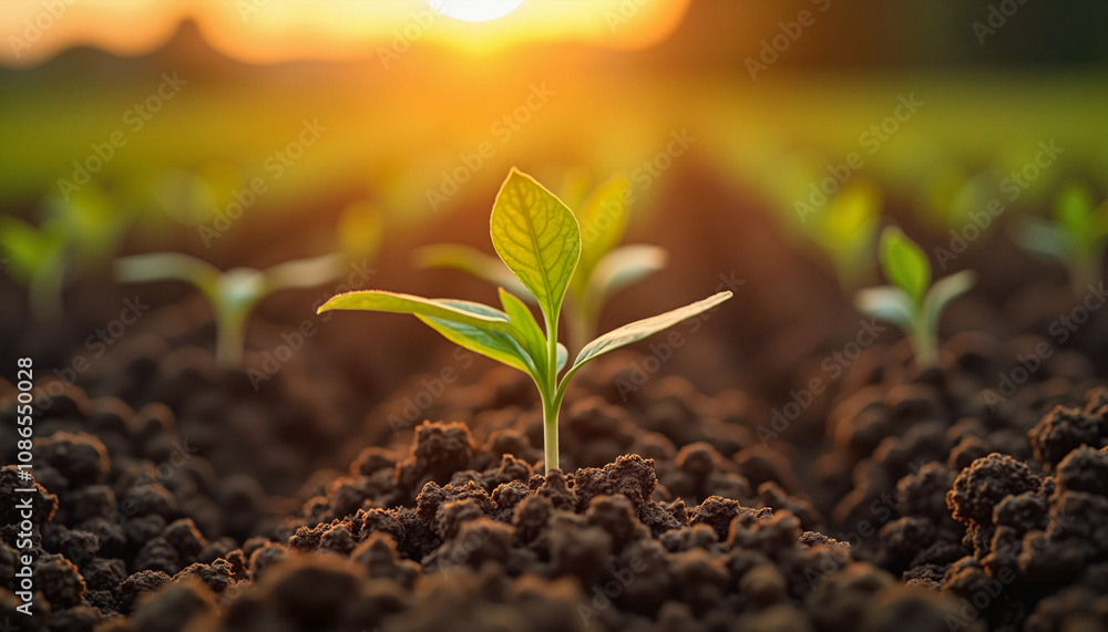A new green sprout emerging from the dark soil at sunrise in a cultivated field, symbolizing growth and potential A new green sprout emerging from the dark soil at sunrise in a cultivated field, symbolizing growth and potential