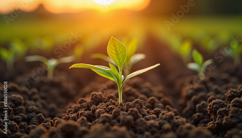 A new green sprout emerging from the dark soil at sunrise in a cultivated field, symbolizing growth and potential