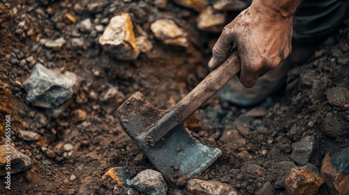  minerâ€™s hand gripping a rough pickaxe handle, with dirt and grime visible on the hand and background stones, celebrating National Miners Day,