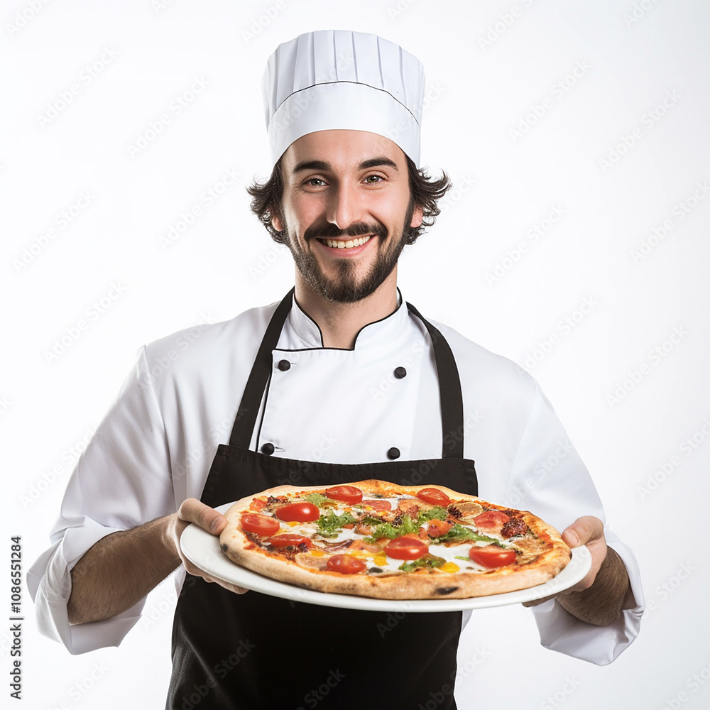 Smiling Chef in White Uniform Holding a Freshly Baked Pizza with Toppings Against a Bright Background, Perfect for Culinary and Restaurant Themes Smiling Chef in White Uniform Holding a Freshly Baked Pizza with Toppings Against a Bright Background, Perfect for Culinary and Restaurant Themes