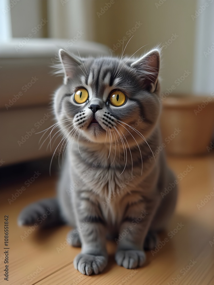 Surprised Scottish Fold cat with yellow eyes, sits curiously indoors, captivated Surprised Scottish Fold cat with yellow eyes, sits curiously indoors, captivated