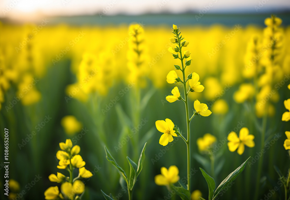 Obraz premium Close-up shot of a single rapeseed plant, highlighting its bright yellow flowers, its delicate green leaves and the rough texture of the stalk. The sun casts a warm, golden light on the rapeseed
