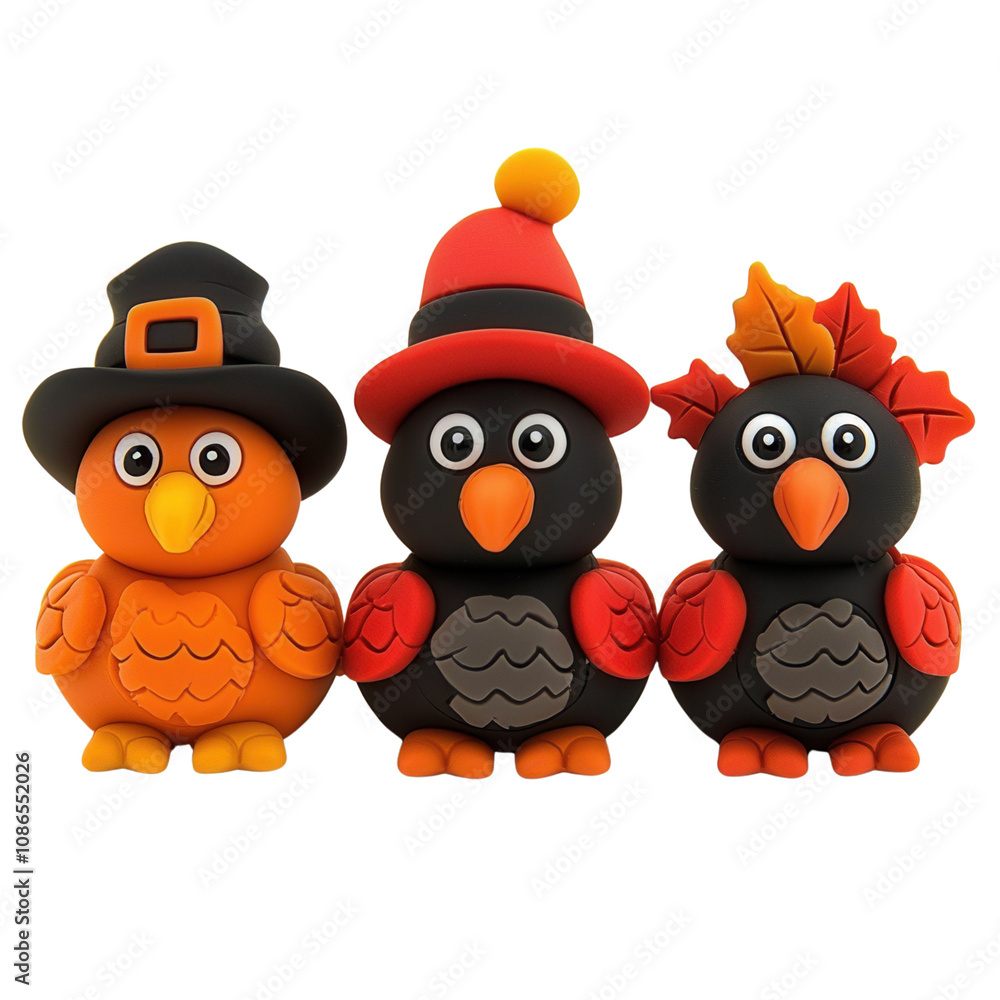 Obraz premium Colorful cartoon birds wearing festive hats, ideal for seasonal decor and celebrations, bringing joy and creativity to any space.3d render object isolated on white background