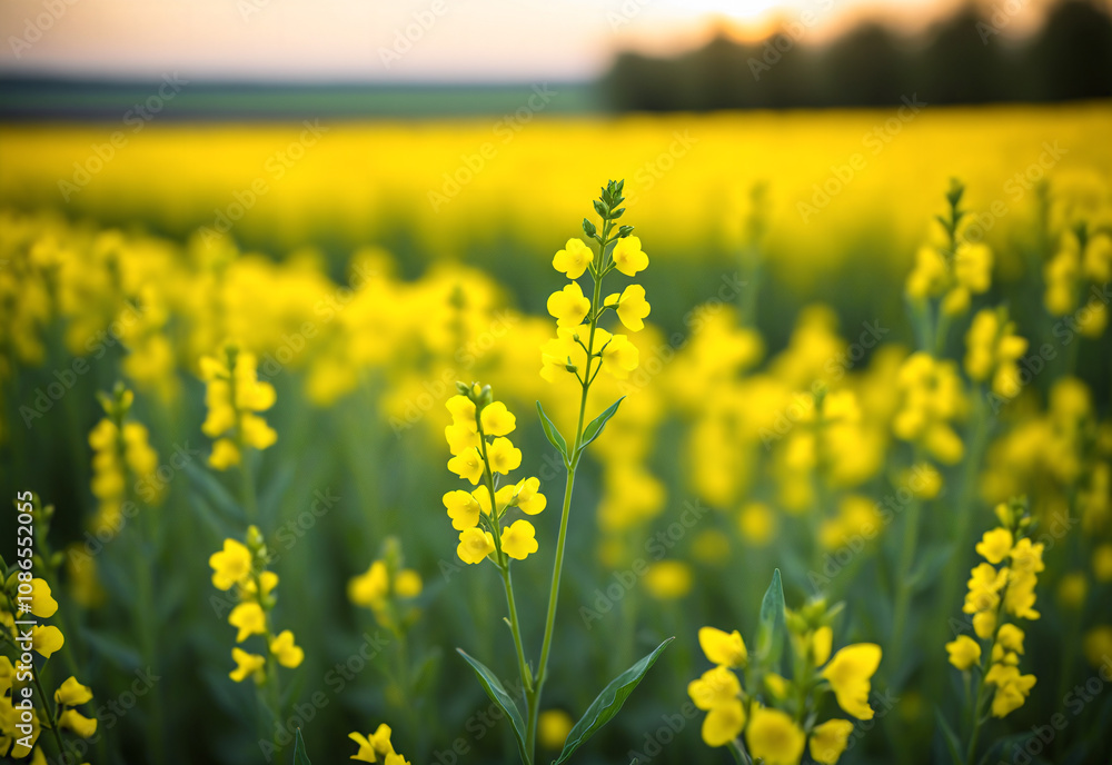 Obraz premium Close-up shot of a single rapeseed plant, highlighting its bright yellow flowers, its delicate green leaves and the rough texture of the stalk. The sun casts a warm, golden light on the rapeseed