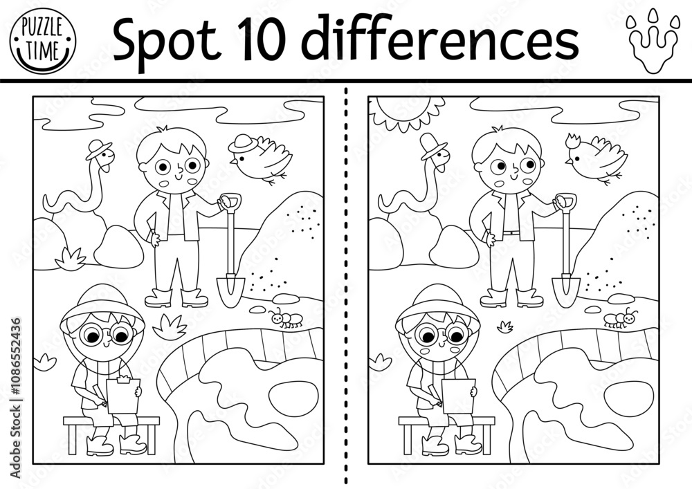 Find differences game for children. Dinosaur black and white educational activity with paleontologists, dig, camp landscape. Line puzzle for kids with archeologists. Printable worksheet, coloring page Find differences game for children. Dinosaur black and white educational activity with paleontologists, dig, camp landscape. Line puzzle for kids with archeologists. Printable worksheet, coloring page