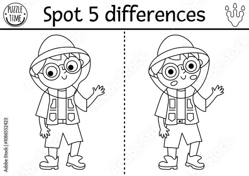 Find differences game. Dinosaur black and white educational activity with paleontologists boy waving hand. Line puzzle for kids with archeologists or researcher. Printable worksheet, coloring page