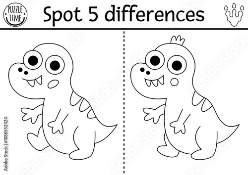 Find differences game for children. Dinosaur black and white educational activity with baby T-rex. Line puzzle for kids with little ancient animal. Printable worksheet, coloring page with tyrannosaur