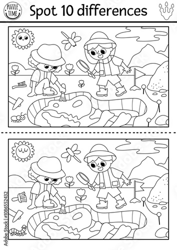Find differences game for children. Dinosaur black and white educational activity with paleontologists, dig, camp landscape. Line puzzle for kids with archeologists. Printable worksheet, coloring page
