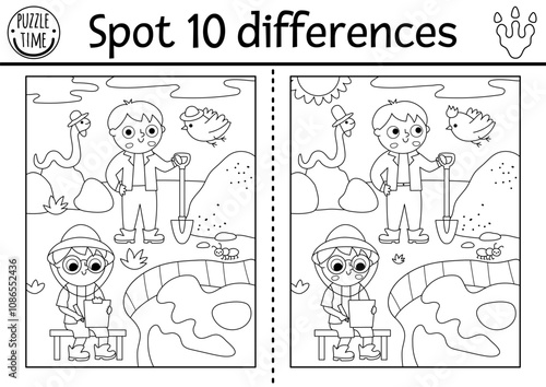 Find differences game for children. Dinosaur black and white educational activity with paleontologists, dig, camp landscape. Line puzzle for kids with archeologists. Printable worksheet, coloring page