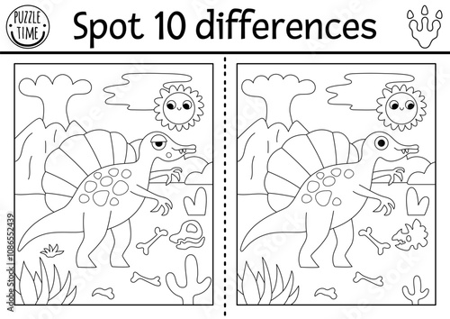 Find differences game for children. Dinosaur black and white educational activity with Spinosaurus and prehistoric landscape. Line puzzle for kids with animal. Printable worksheet, coloring page