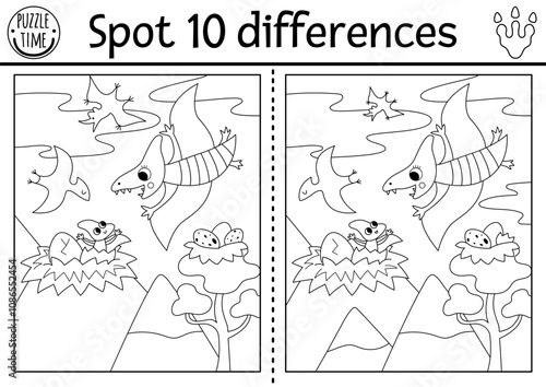 Find differences game for children. Dinosaur black and white educational activity with pterosaurus and prehistoric landscape. Line puzzle for kids with pteroductyl. Printable worksheet, coloring page