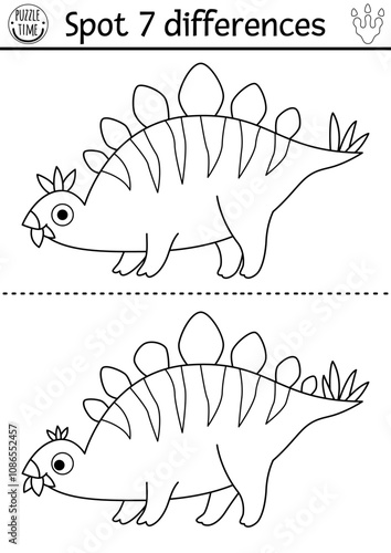 Find differences game for children. Dinosaur black and white educational activity with stegosaur. Line puzzle for kids with little ancient animal. Printable worksheet, coloring page with stegosaurus