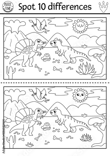 Find differences game. Dinosaur black and white educational activity with Spinosaurus, allosaurus, prehistoric landscape. Line puzzle for kids with animal. Printable worksheet, coloring page