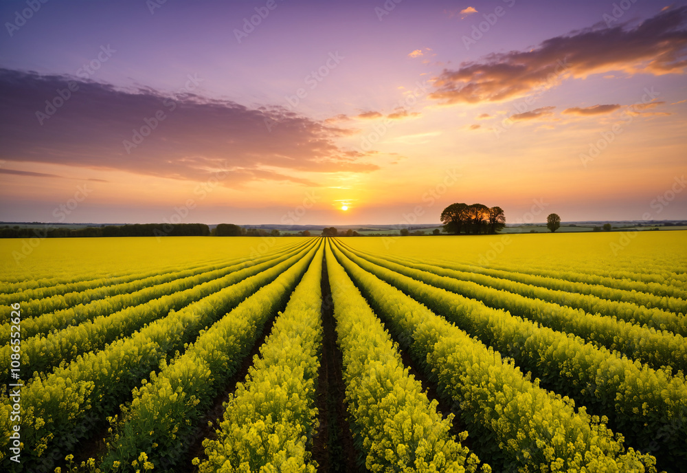 A distant shot of a vast rapeseed field stretching towards the horizon. The rapeseed is a uniform yellow, creating a sea of color that fades into the distance. The sun is setting A distant shot of a vast rapeseed field stretching towards the horizon. The rapeseed is a uniform yellow, creating a sea of color that fades into the distance. The sun is setting