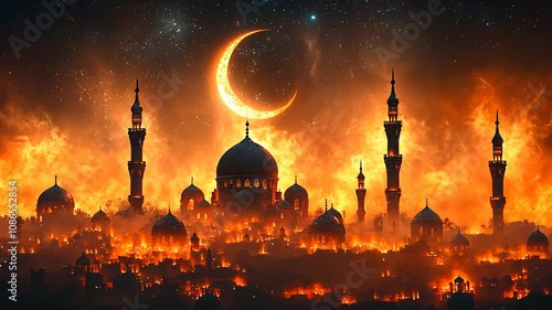 Inferno Cityscape: Crescent Moon over Burning Mosques photo