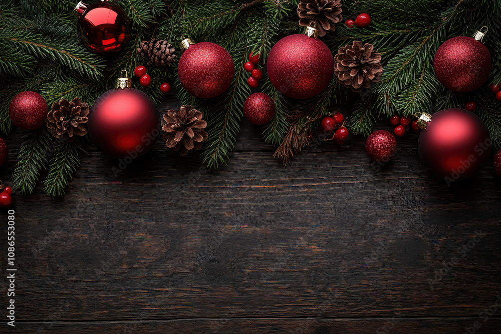 Christmas flat lay background with space in the center and decorations around it with festive atmosphere and small ornaments. Christmas flat lay background with space in the center and decorations around it with festive atmosphere and small ornaments.