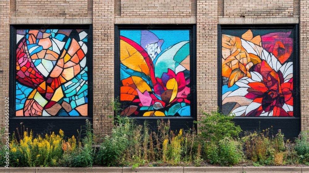 Naklejka premium Vibrant Triptych Mural Brick Wall, Floral Graffiti Art