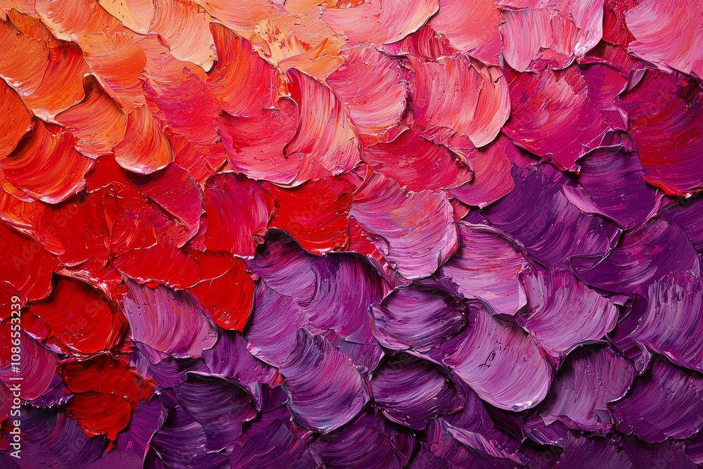 Abstract art painting of flower petals, with textured brush strokes and impasto in shades of red and purple, evoking the lighting of a sunset. Abstract art painting of flower petals, with textured brush strokes and impasto in shades of red and purple, evoking the lighting of a sunset.