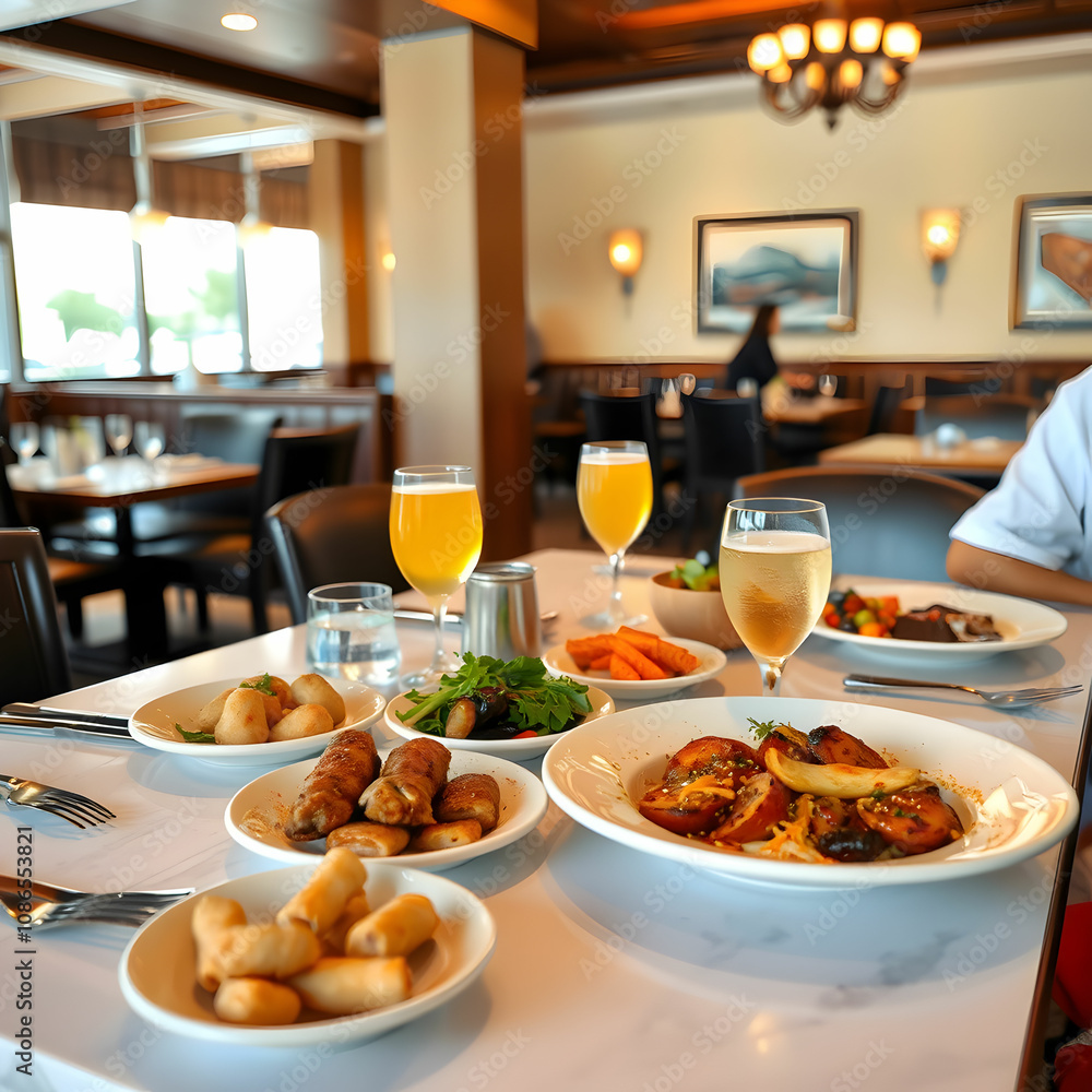 A dinner table with foods and soft drinks in a restaurant A dinner table with foods and soft drinks in a restaurant