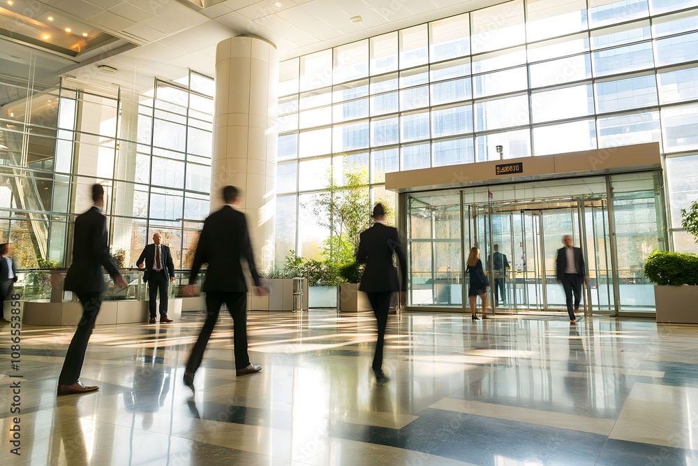 Businesspeople in formal attire walking through a corporate lobby, dynamic motion blur, high ceilings, urban style office Business concept, motion bokeh background Businesspeople in formal attire walking through a corporate lobby, dynamic motion blur, high ceilings, urban style office Business concept, motion bokeh background
