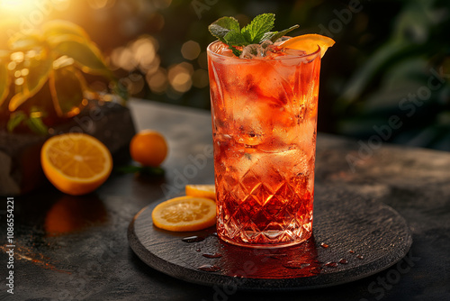 Refreshing summer cocktail with citrus garnish on a sunny terrace at golden hour. Generative AI